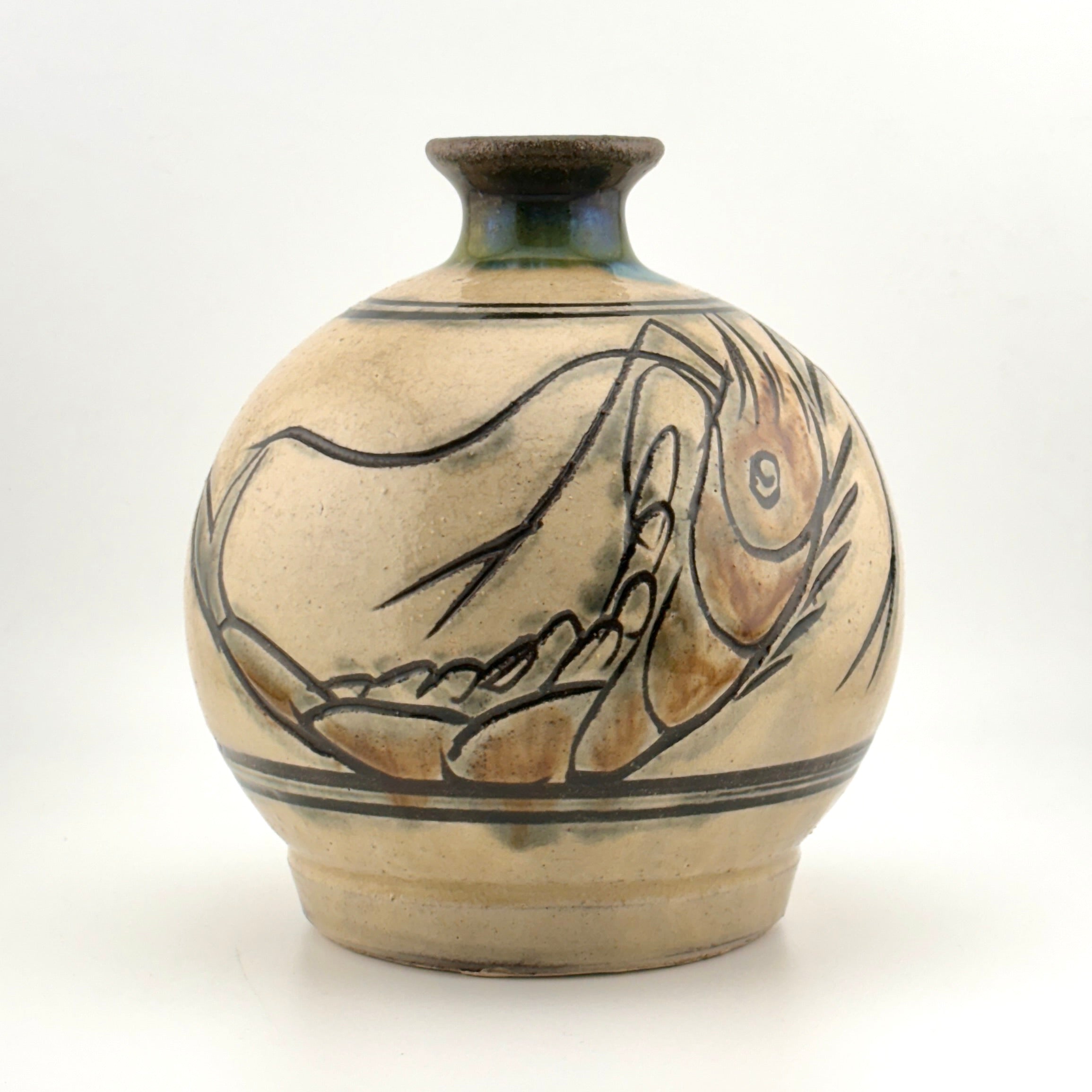 傑作【本物保証】金城次郎 海老文ぐい呑 共箱 栞2 人間国宝 壺屋焼壷屋