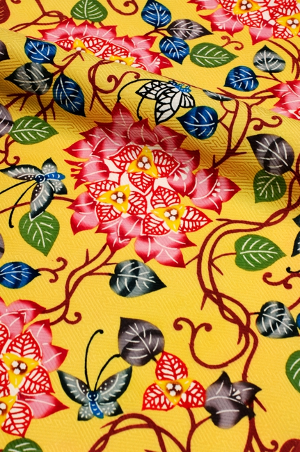 琉球伝統工芸 沖縄紅型 『大判花鳥図』、ウコン布染織 【公式通販】