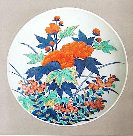 色絵山水・菊図角皿径31．5cm】古伊万里