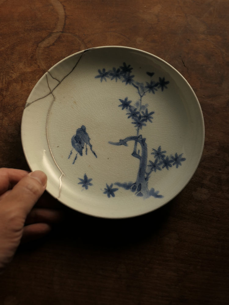 鹿絵皿 2枚 染付 色絵付 高台皿 紅葉 歪み 江戸 古伊万里