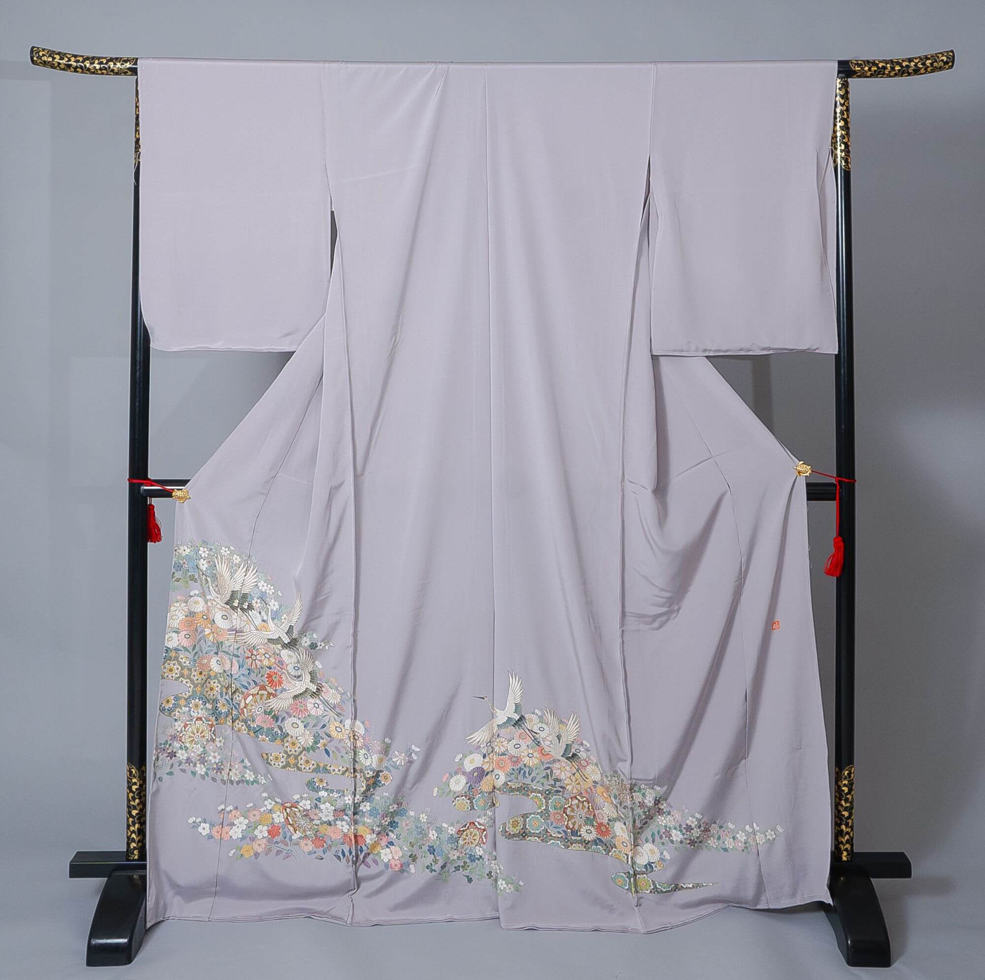 新品【訪問着】パープルグレー系 鶴×菊｜刺繍 絹100％ 八掛付き 未