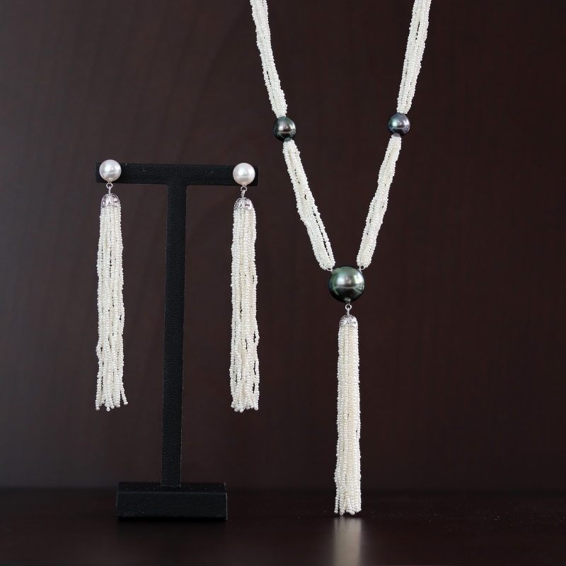 SVあこや真珠砂ケシ×黒蝶真珠タッセルロングネックレス【長さ70
