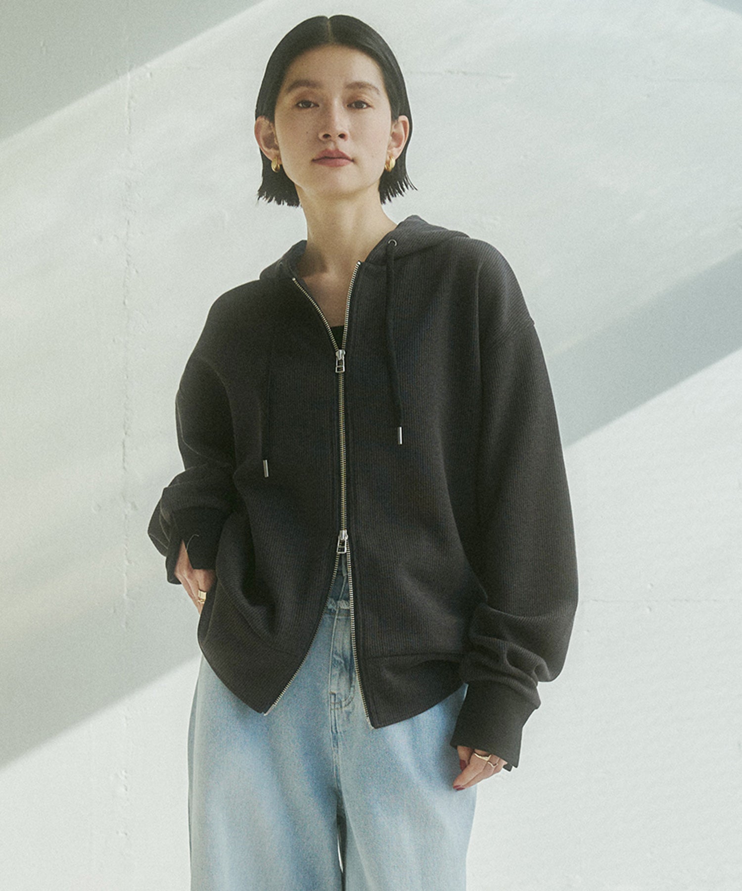 リブダブルジップパーカー