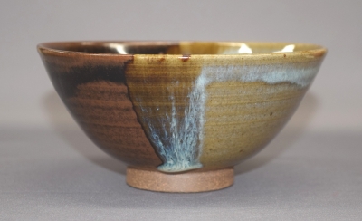 膳所焼 陽炎園 色絵 しだれ桜 茶碗 初代 岩崎健三 琵琶湖の風景絵 膳所