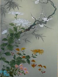 掛け軸 上村朝山 作 『 紅白梅 』 絹本 希少 軸装 茶道具 掛軸 美品