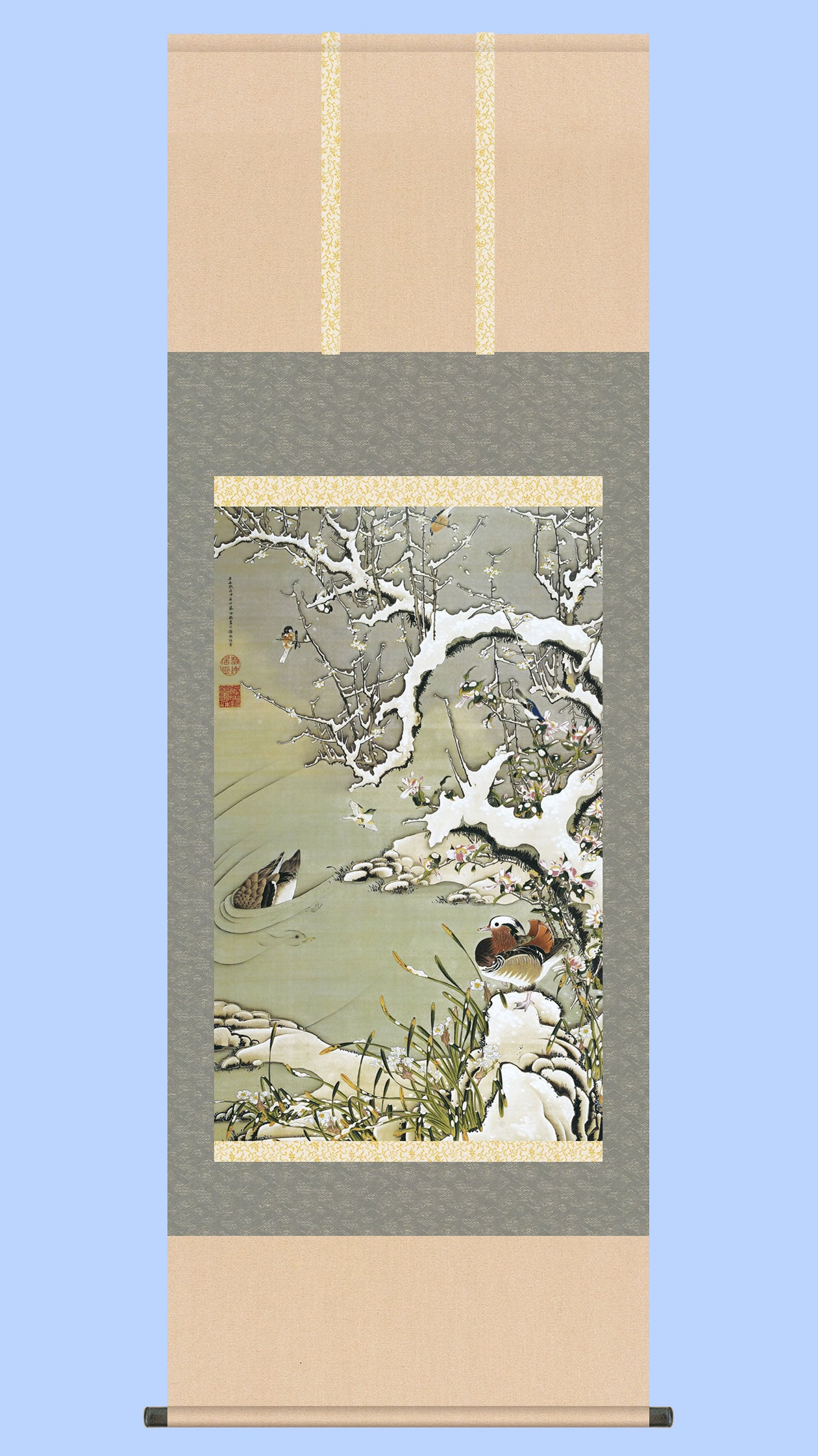 真作】掛軸 伊藤柳荘 寒牡丹 冬の風情漂う花鳥画 逸品 共箱入 T102 真