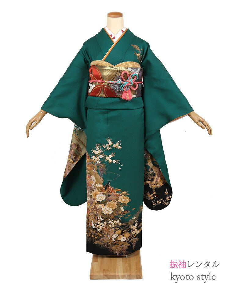 深い緑色 振袖フルセット 振袖 レンタル フルセット 成人式 結婚式 緑