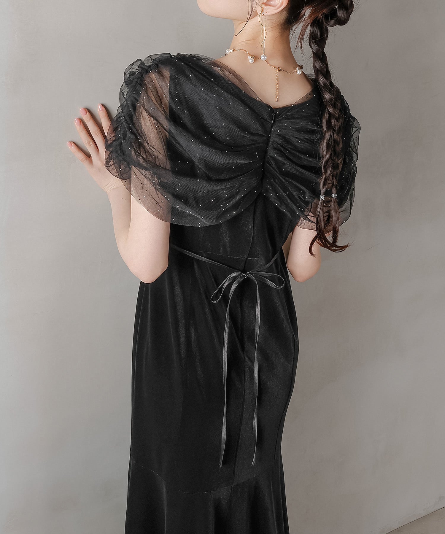 チュール ビジュー ドット ドッキング ベロア マーメイド ワンピース