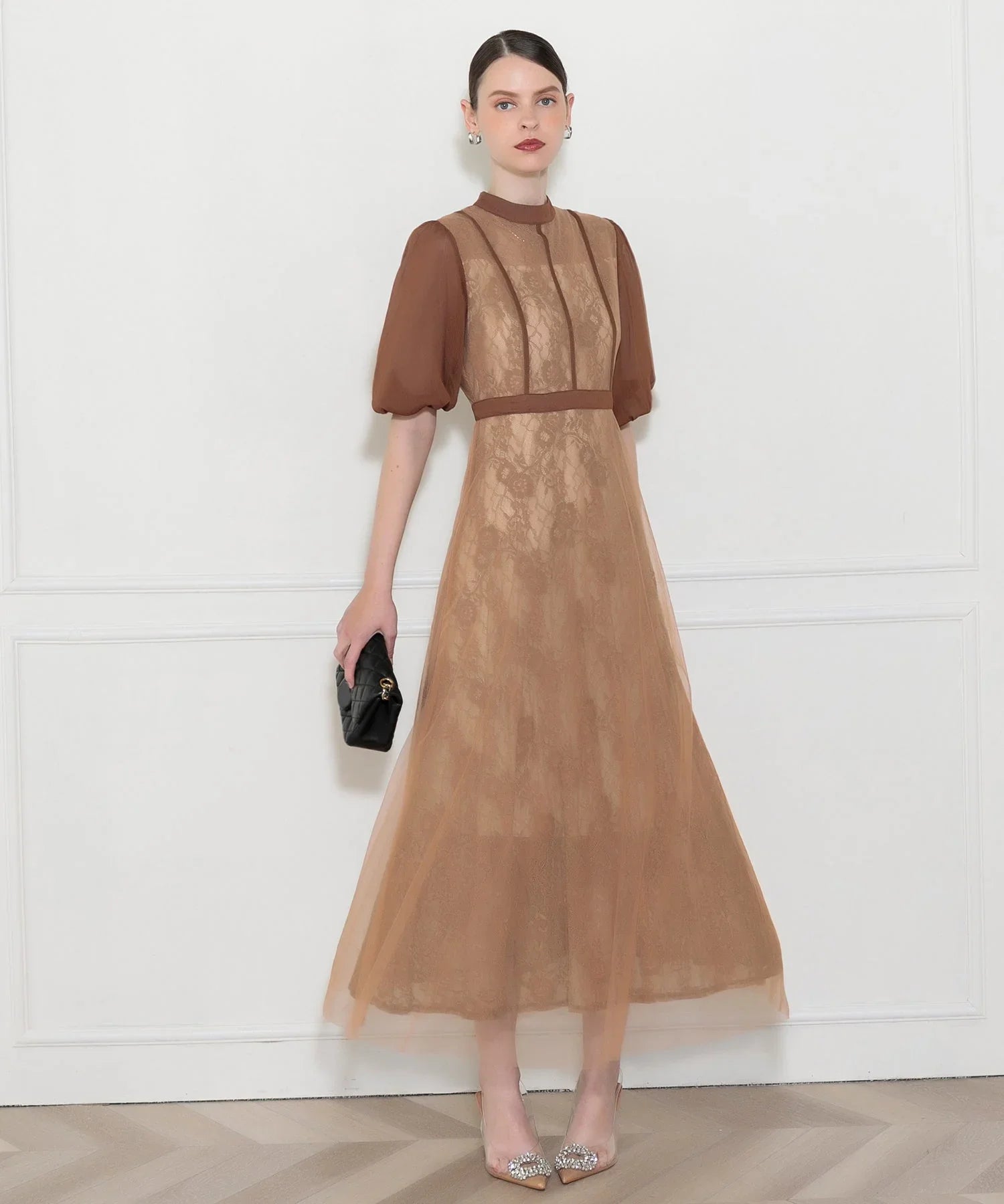 当日発送】ハイウエストチュールレースAラインドレス/パーティードレス