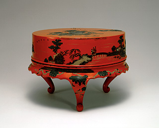 骨董朱漆楼閣山水人物堆錦螺鈿中央香台