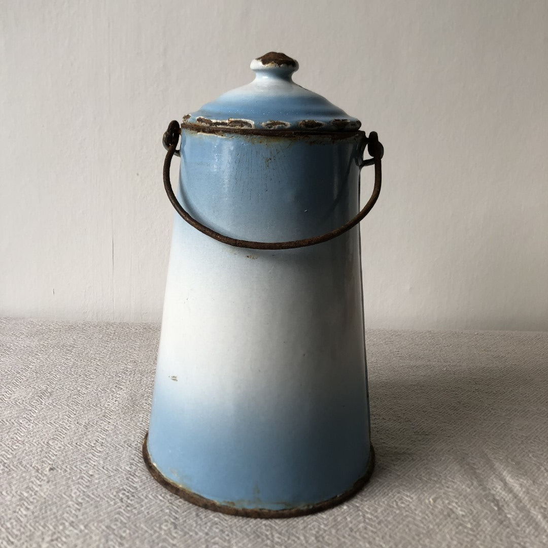 Kアンティーク ホーロー ポット エトワール社 ライトブルー ホワイト