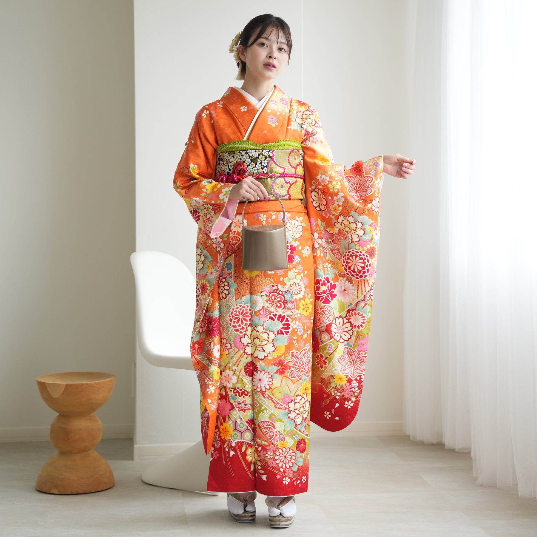 ⑩振袖セット 成人式 振袖＆長襦袢 ポリエステル 大きな橘 レトロ