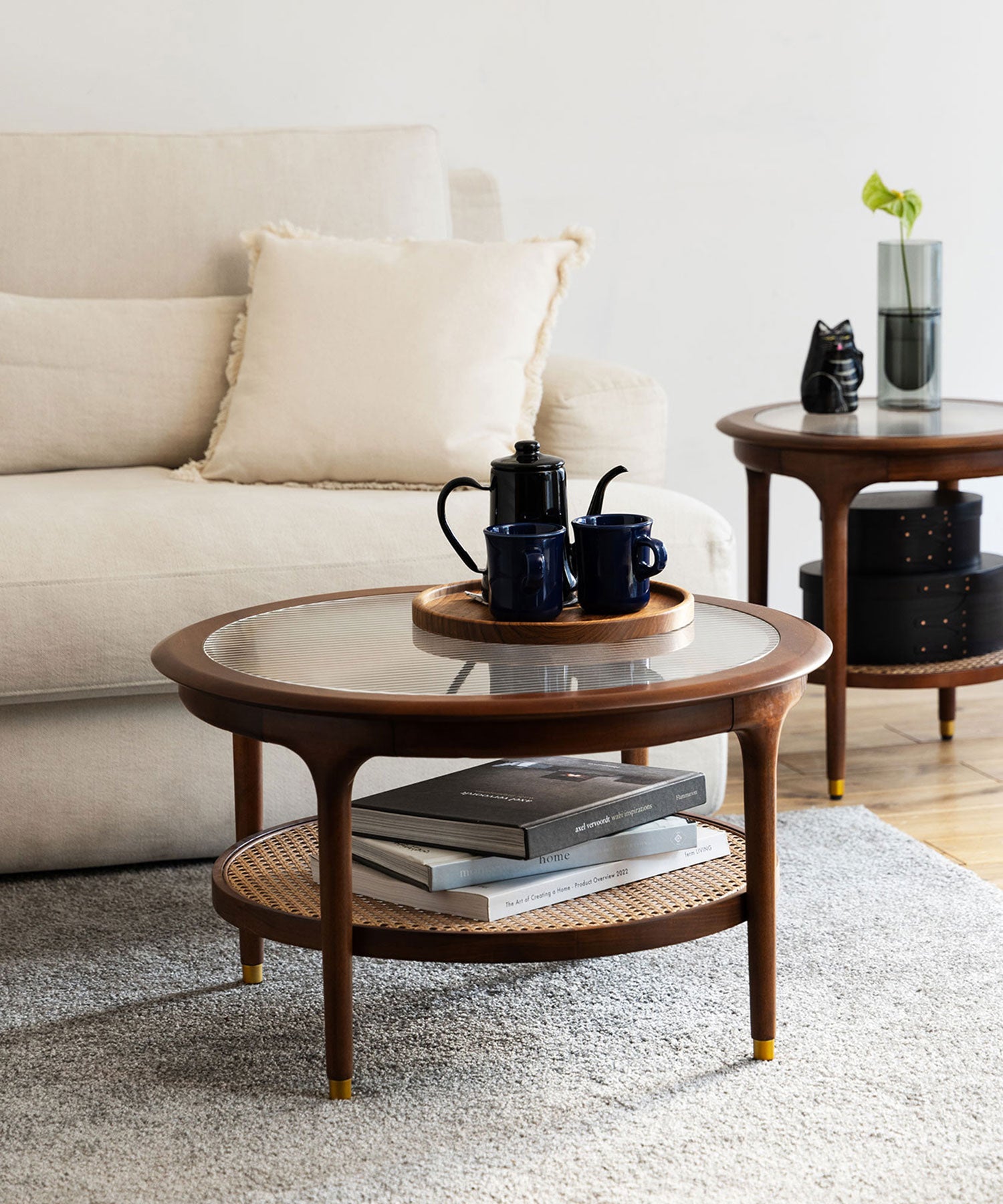 ヴィンテージ コーヒーテーブル ローズウッド x スモークガラス サイド