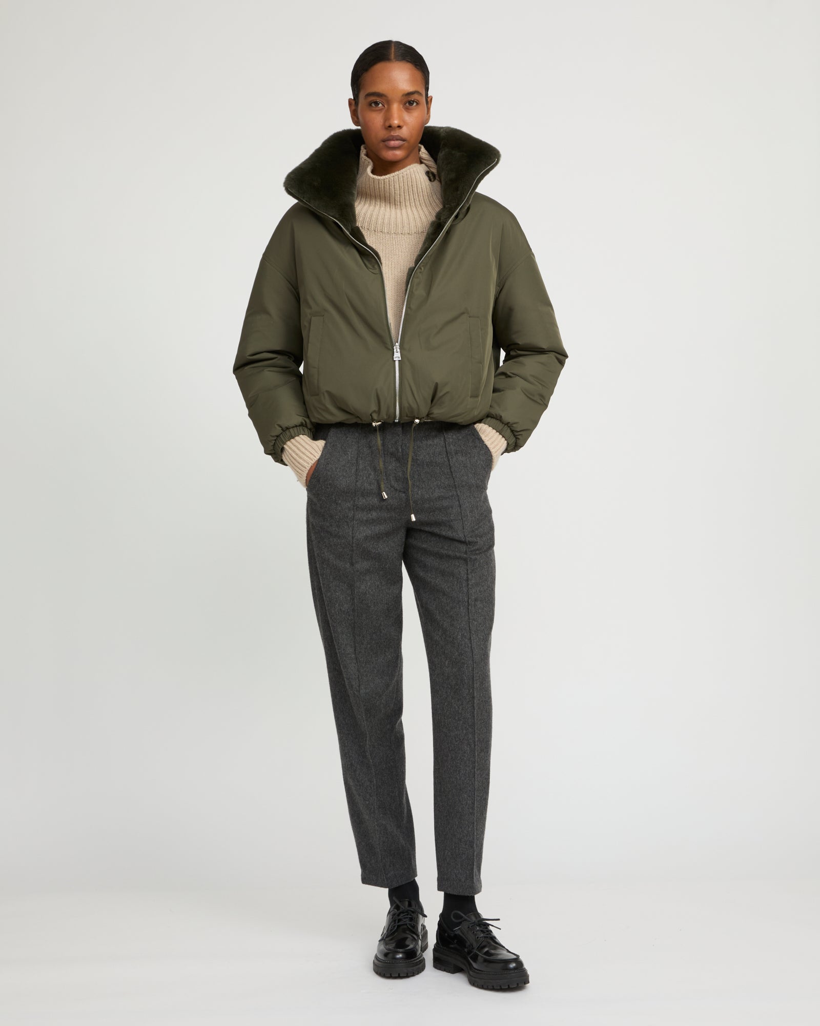 Boxy jacket in technical fabric reversible rex rabbit fur - khaki