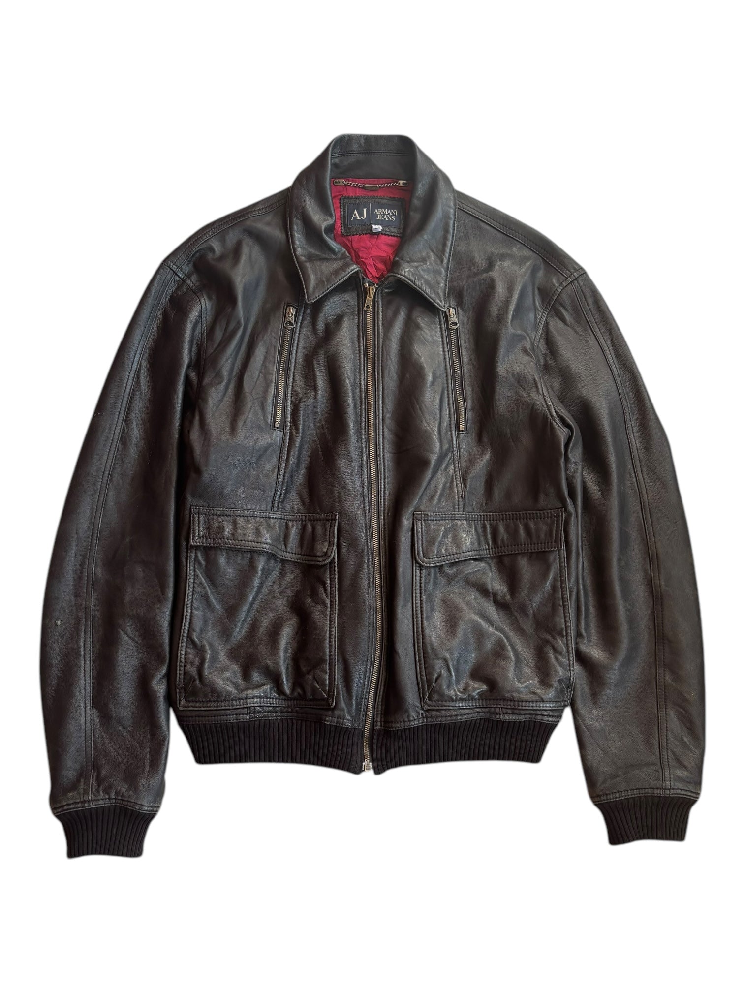 Armani Jeans Leather Jacket – Vintage Black Bomber (XL) – Va Bene