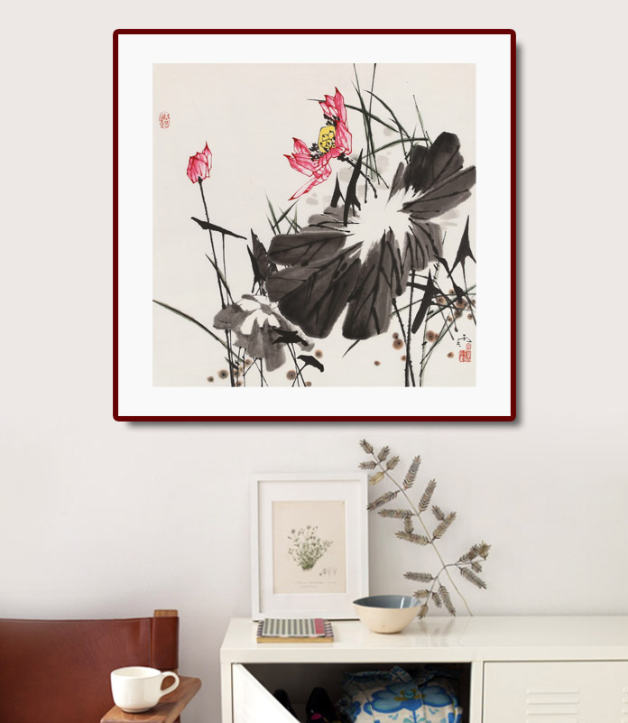 中国古美術・花卉図三尺画芯・朱軍印款・水墨彩色画・純手描き・文房