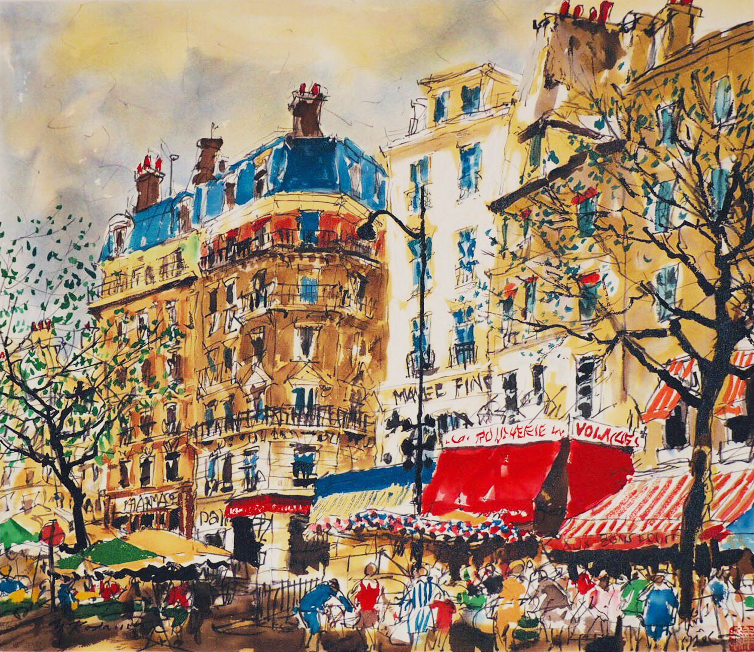 児玉幸雄「レオンの朝市」リトグラフ 児玉純子直筆サイン有 額縁入り