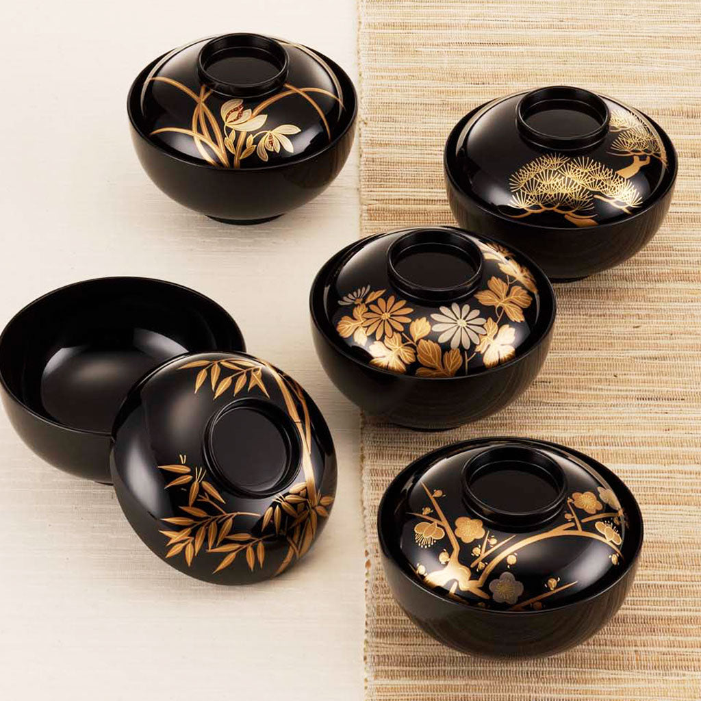 漆器 椀 5個セット 黒 金箔模様 木乾漆 会津型 吸椀 黒のし