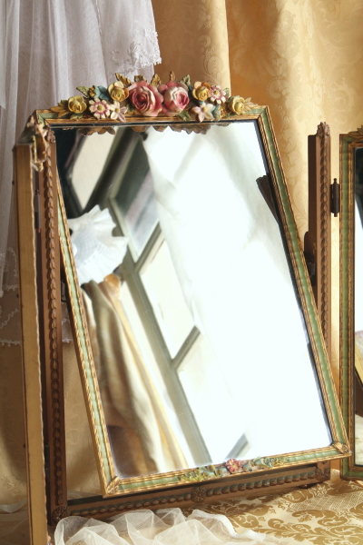 英国アンティークバーボラミラー/鏡/薔薇/ローズ柄 H33