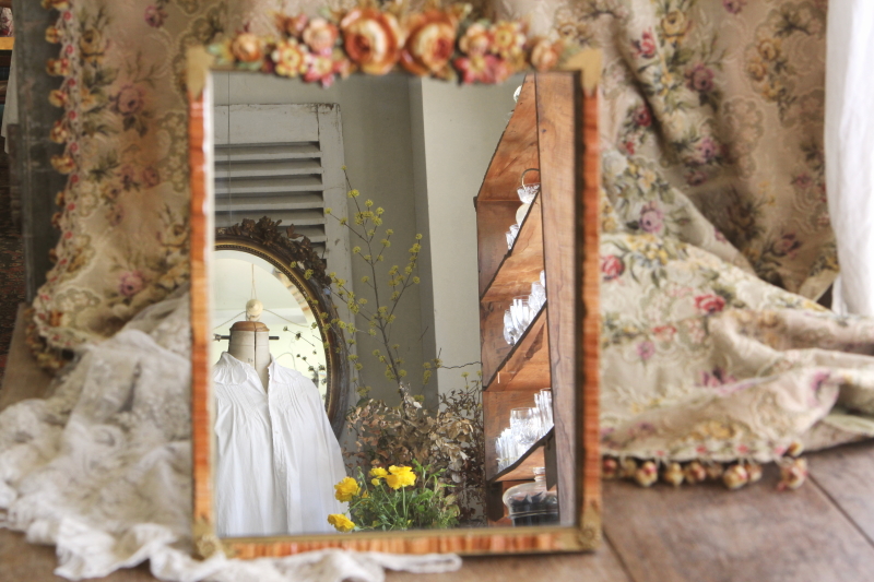 英国アンティークバーボラミラー/鏡/薔薇/ローズ柄 H33