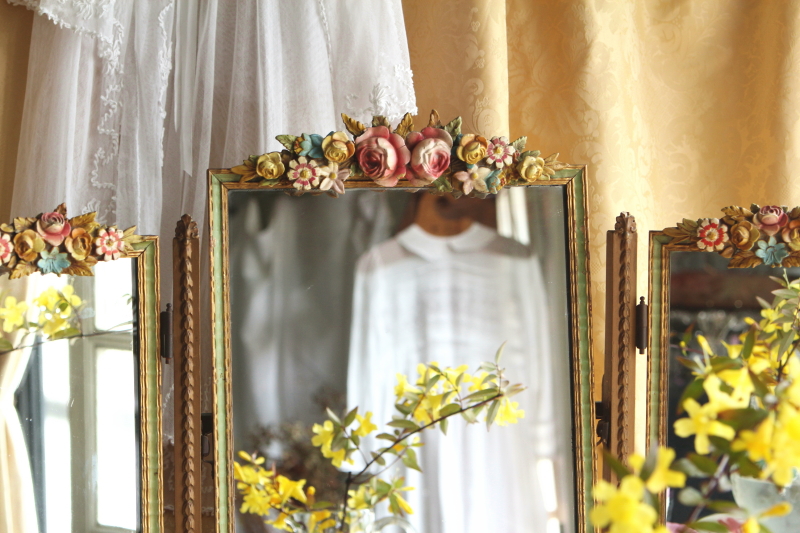 英国アンティークバーボラミラー/鏡/薔薇/ローズ柄 H33