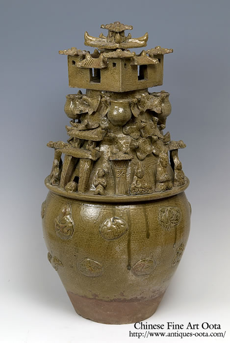 中国骨董 青磁神亭壺(せいじしんていこ) 漢緑釉 三国時代 青磁神亭壺