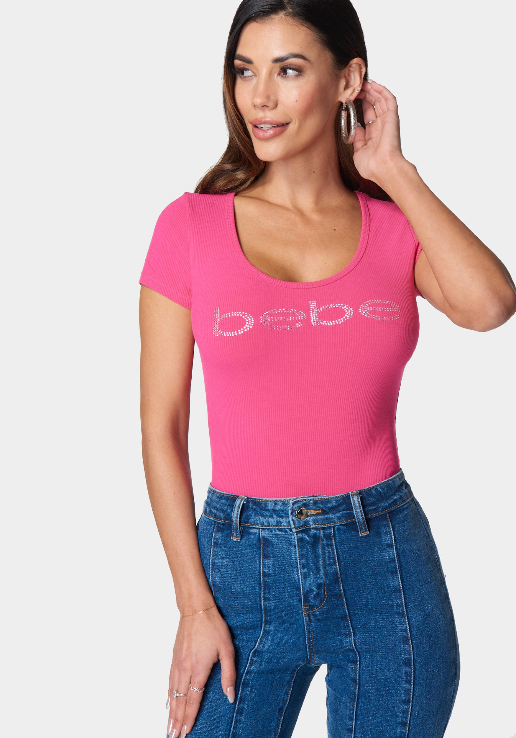 Bebe Logo Short Sleeve Round Neck Rib Top – bebe