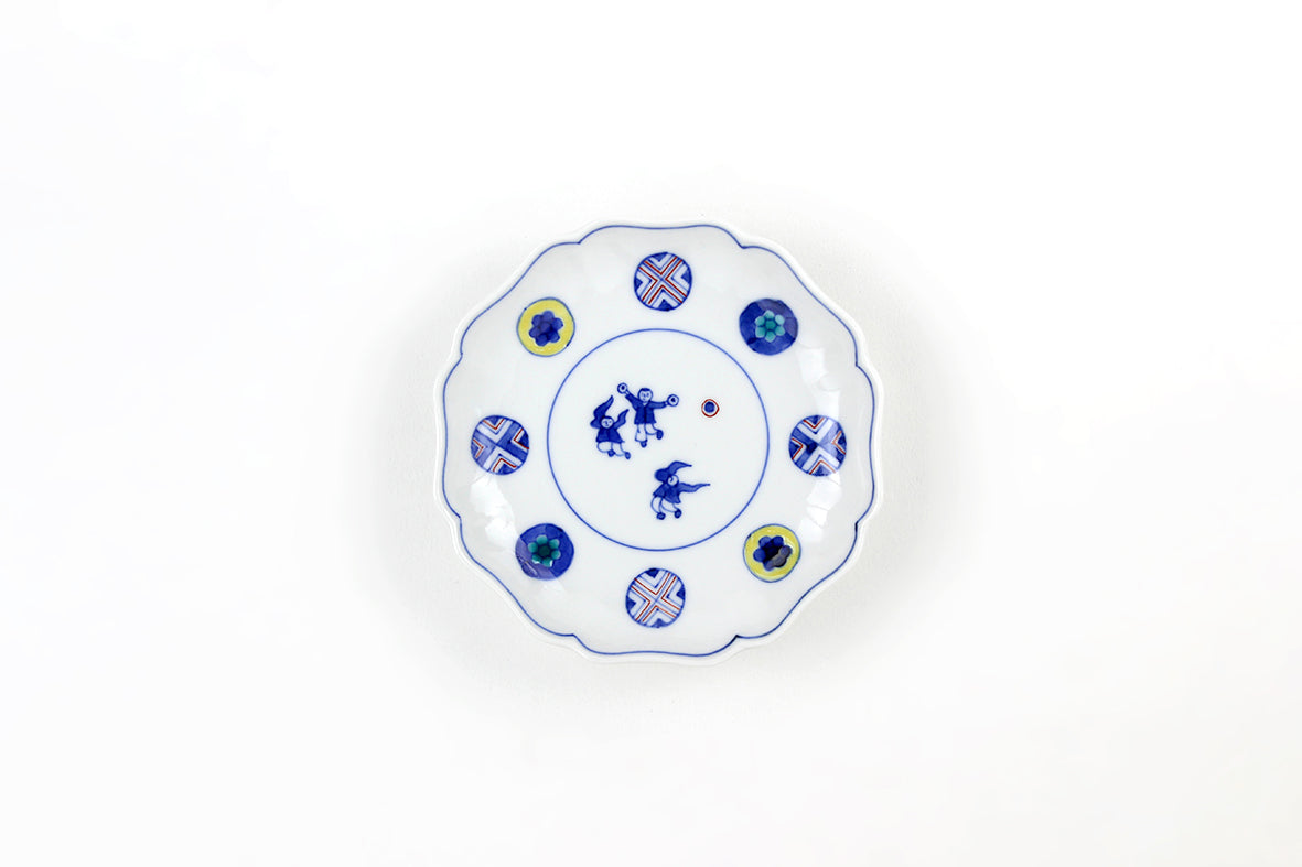 1979 九谷焼 上出長右衛門窯 紙風船 花形皿 3客 小判型小鉢 紙風船