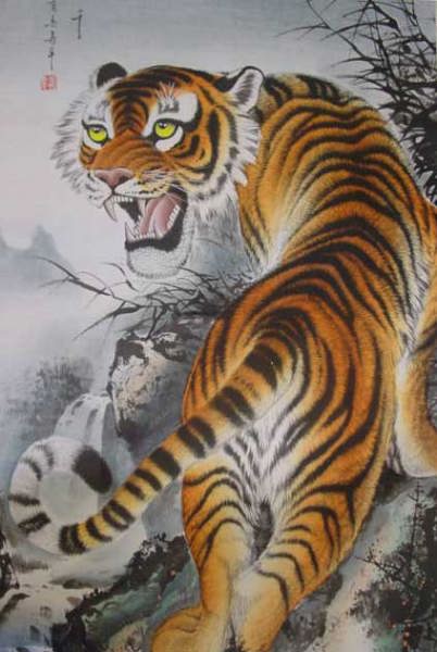 中国美術 『 虎嘯山林 虎嘯龍吟 』 掛け軸 紙本 丙子暮夏 中国美術