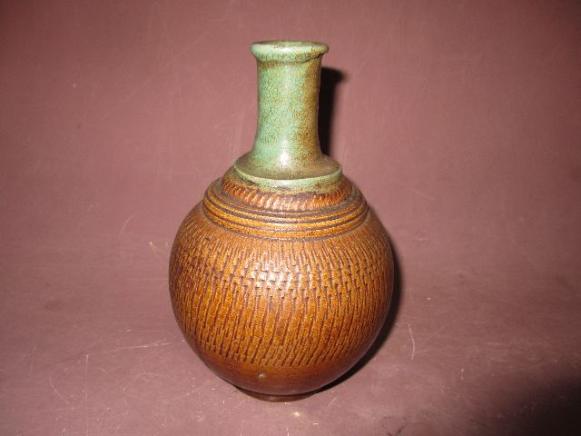 江戸時代 宮城 古上野目焼 鉋目 トビカンナ文様 徳利 壺 花入れ 大堀