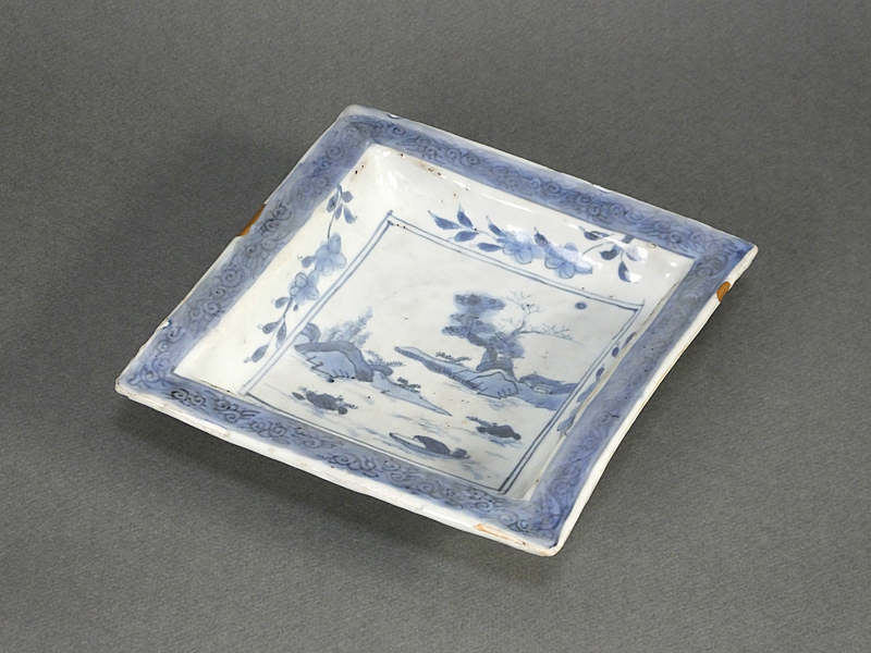 蓋物□柳の絵 古い染付貫入鉢 蓋鉢 四角 時代物 骨董品 古美術□ 蓋物