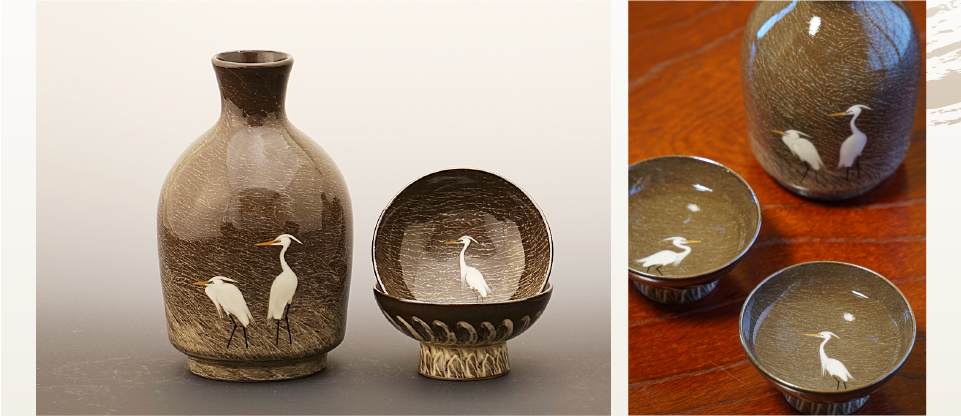 現川焼の伝統 重要無形文化財 横石臥牛作 刷毛目白鷺文