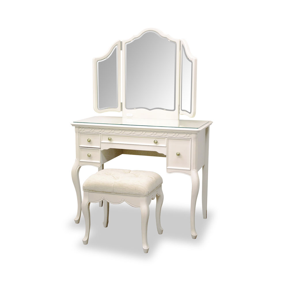 ドレッサー(スツール付き)「フルール WH」幅90cm リンデン材ホワイト