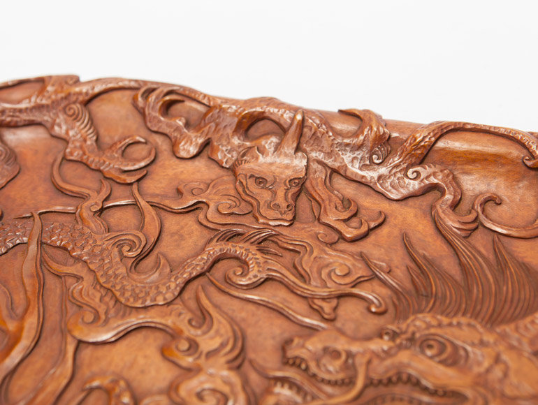 木彫九龍図煎茶盆 市川周道 - 古美術 鐘ヶ江 - Collections -