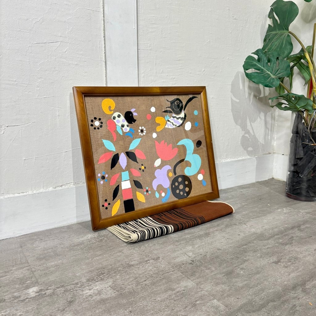 柚木沙弥郎 型染め 額入り布 犬 魚 植物 アート 絵画 一点もの 作家 中古