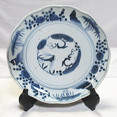 鉢□伊万里染付唐草紋窓山水図大鉢 菓子器 平皿 蝙蝠 蛇の目高台 骨董