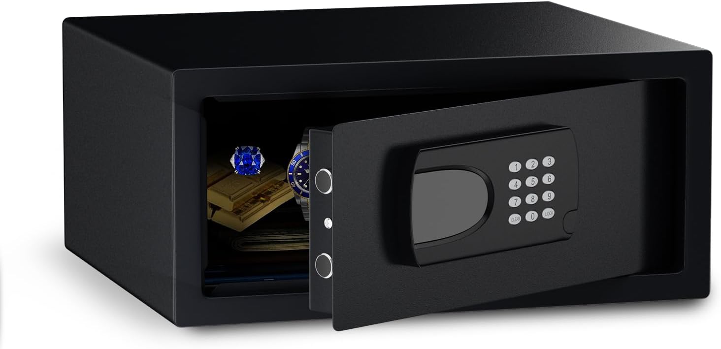 金庫 家庭用 小型 防犯金庫 A4書類横収納可能 鍵&緊急電池ボックス付