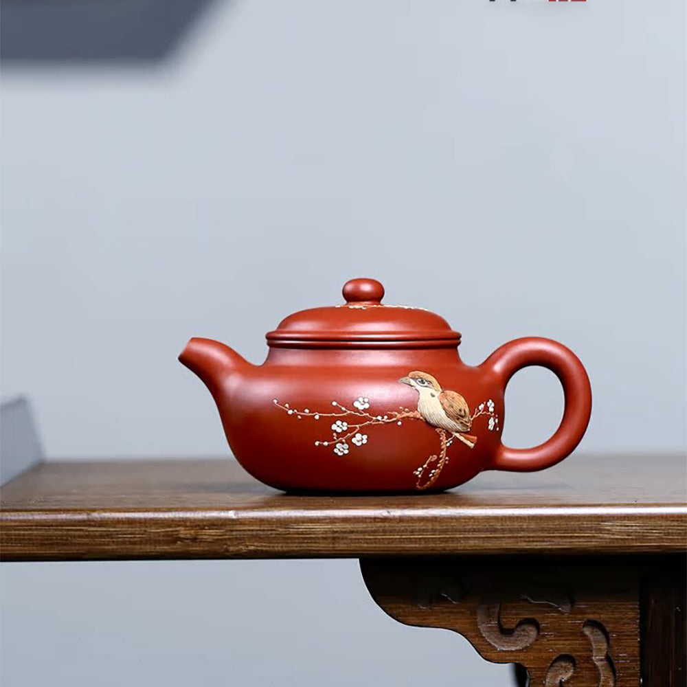 中国 紫砂 朱泥 梅に鳥彫 花瓶 在銘 V R6460 【公式通販】