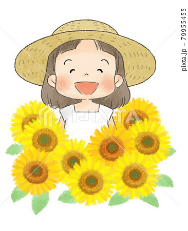 ひまわりと麦わら帽子の女の子のイラスト素材 [79955455] - PIXTA