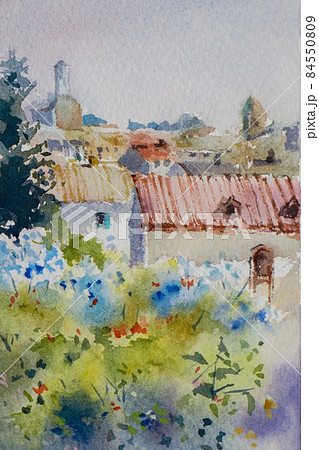 フランスの小さな村 プロヴァンスの水彩画 風景画のイラスト素材