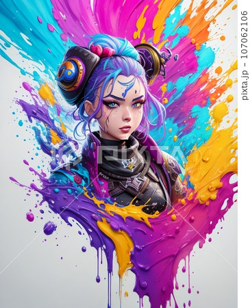 カラフルな背景の女の子のイラスト（AI画像生成）のイラスト素材