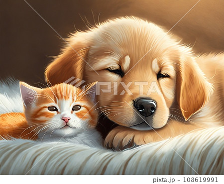 ゴールデンレトリバーと子猫の絵