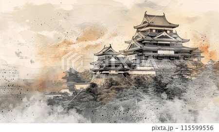 夕暮れ時の壮大な水墨画風の日本の城、テキストスペースのイラスト素材