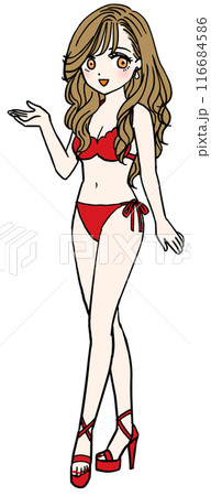 紹介する赤い水着の女性（全身）のイラスト素材 [116684586] - PIXTA