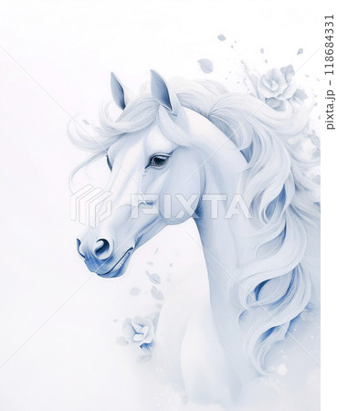 白馬,水彩画調の白馬のポートレート,Generative AI,AI画像のイラスト
