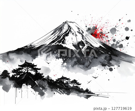 日本の水墨画風に描かれた富士山の風景イラストのイラスト素材