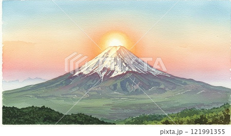 日の出富士 水彩画 富士山 ダイヤモンド富士 自然 風景画のイラスト