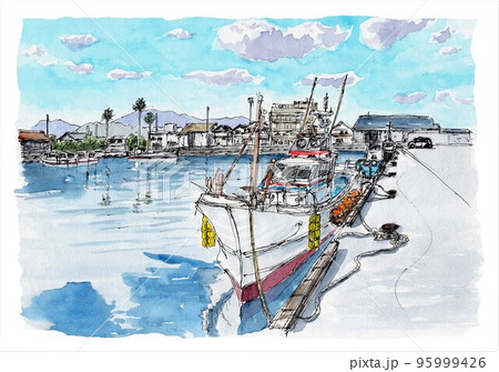 水彩画 石狩厚田区古潭の港町 風景画 水彩画 石狩厚田区古潭の港町