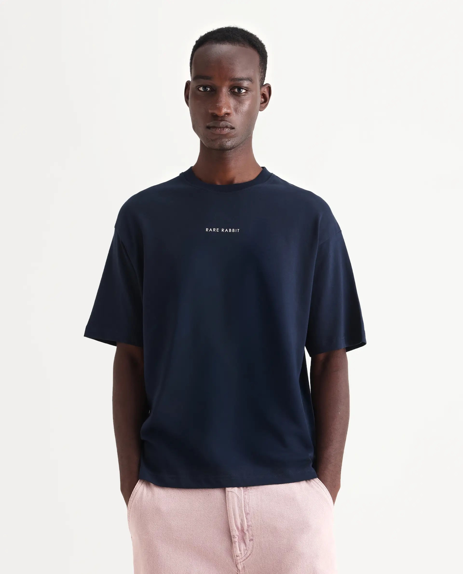 Rare Rabbit Men's Len Navy Cotton Typography Print Oversized Fit Half