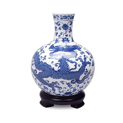 中国古美術/青花陽刻龍紋天球瓶(底款:官)